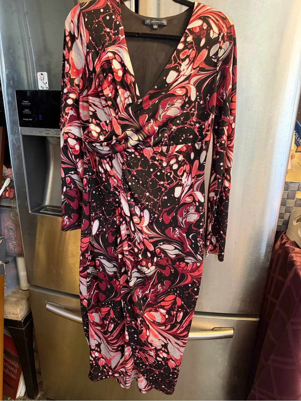 Adrianna Papell Black and Pink Marble-Print Faux Wrap Maxi Dress